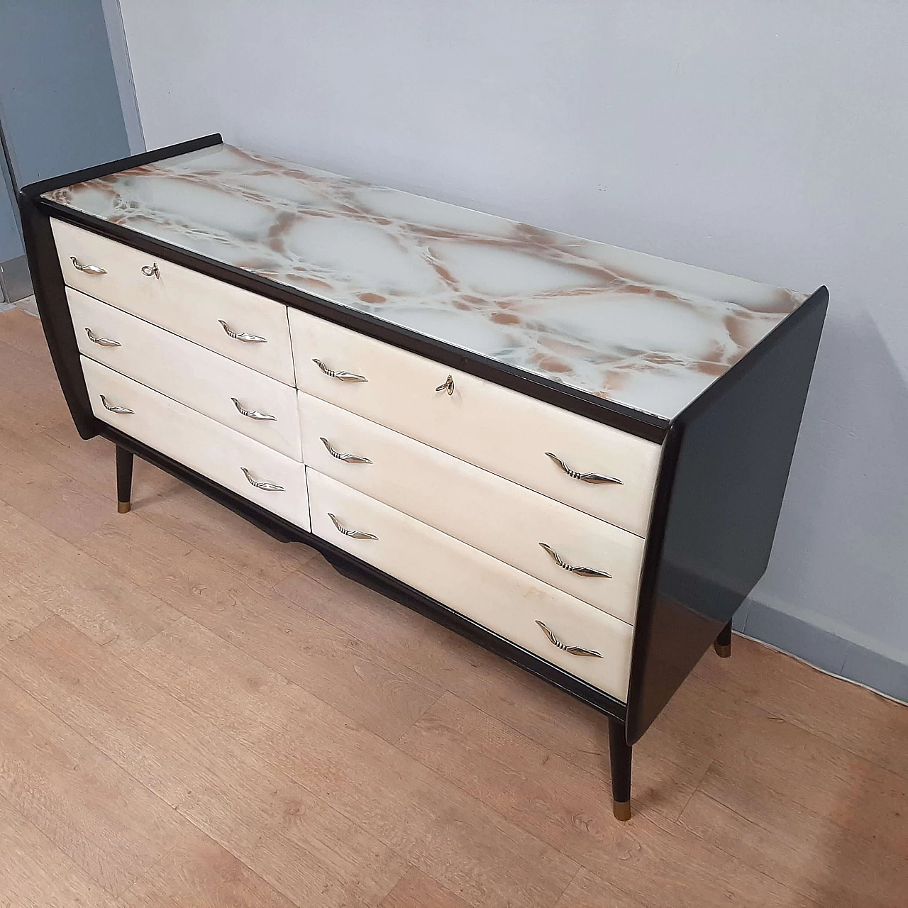 Black lacquered wood, parchment and marbled glass dresser, 1950s 3