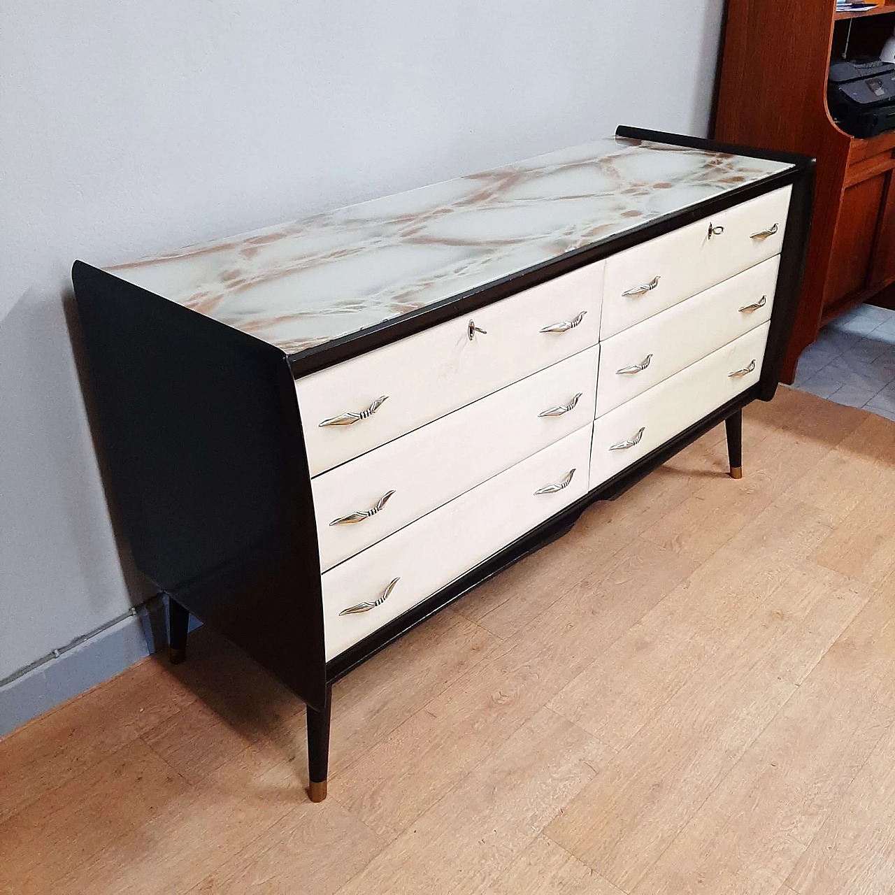 Black lacquered wood, parchment and marbled glass dresser, 1950s 4