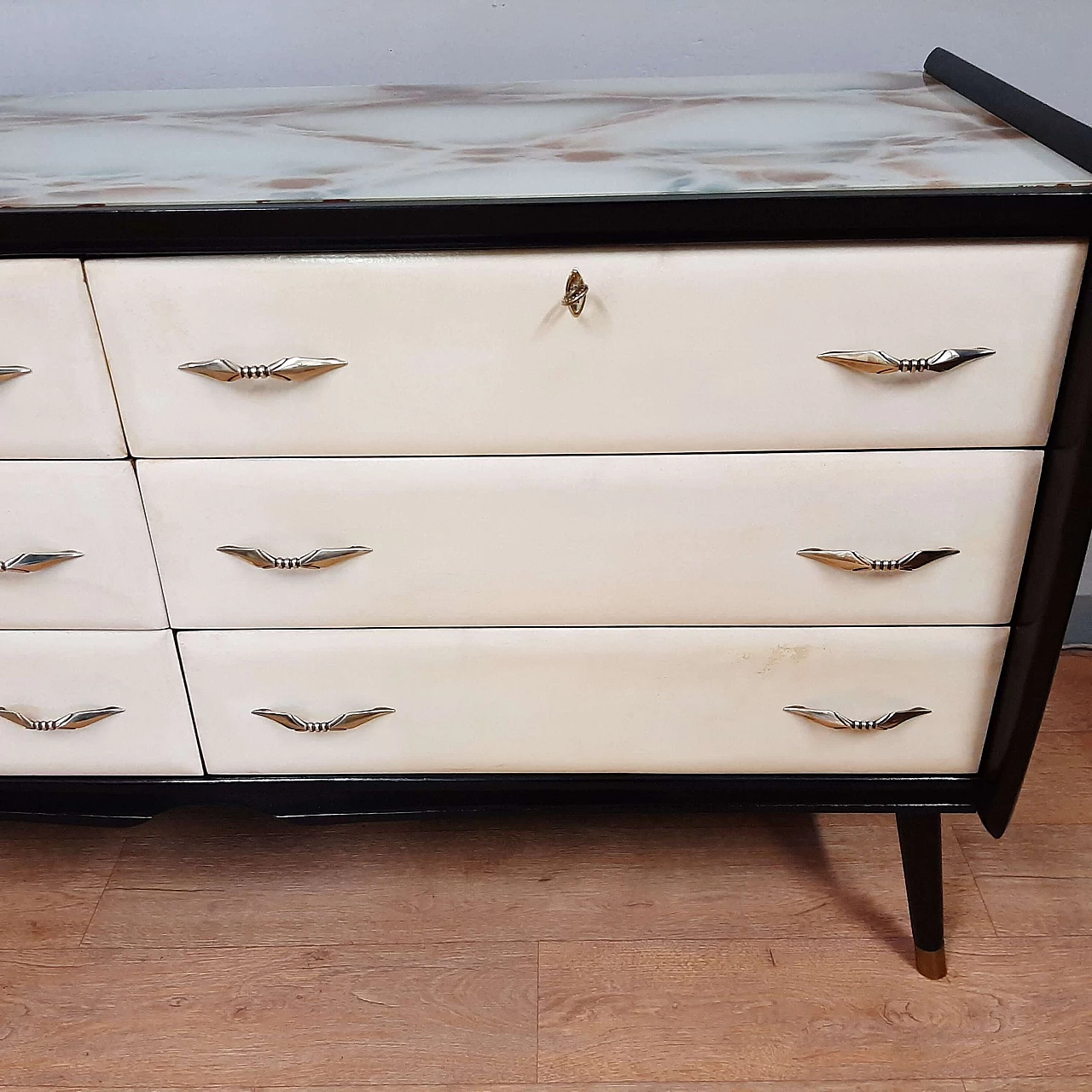 Black lacquered wood, parchment and marbled glass dresser, 1950s 5