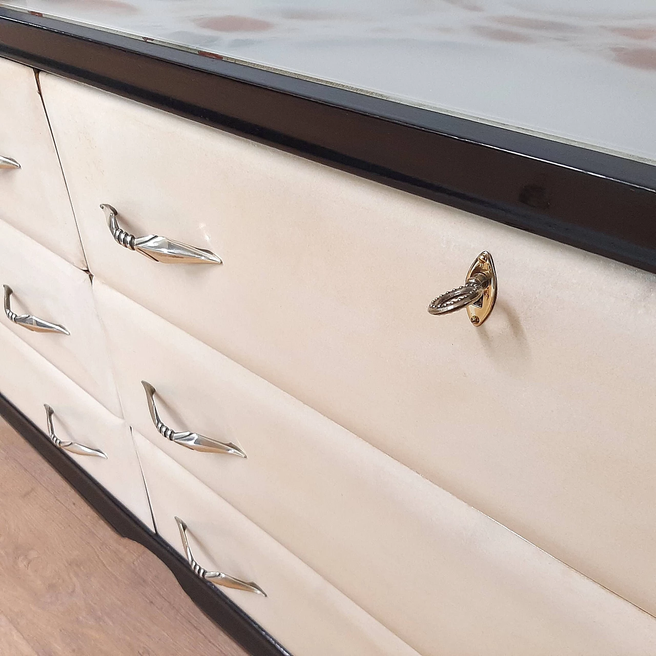 Black lacquered wood, parchment and marbled glass dresser, 1950s 6