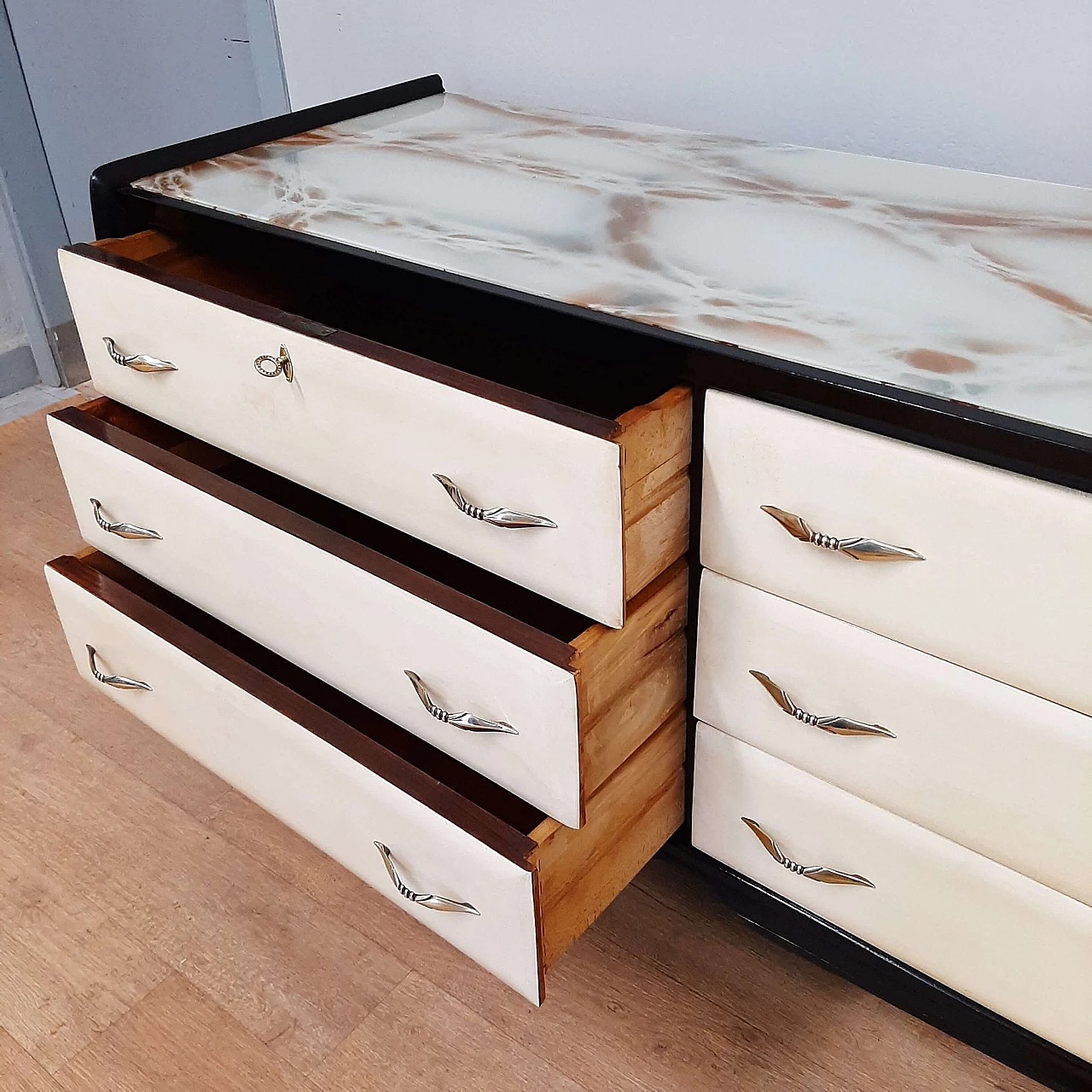 Black lacquered wood, parchment and marbled glass dresser, 1950s 7