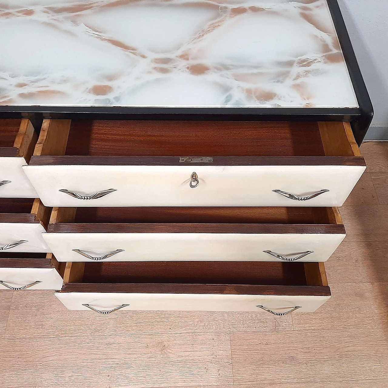 Black lacquered wood, parchment and marbled glass dresser, 1950s 8