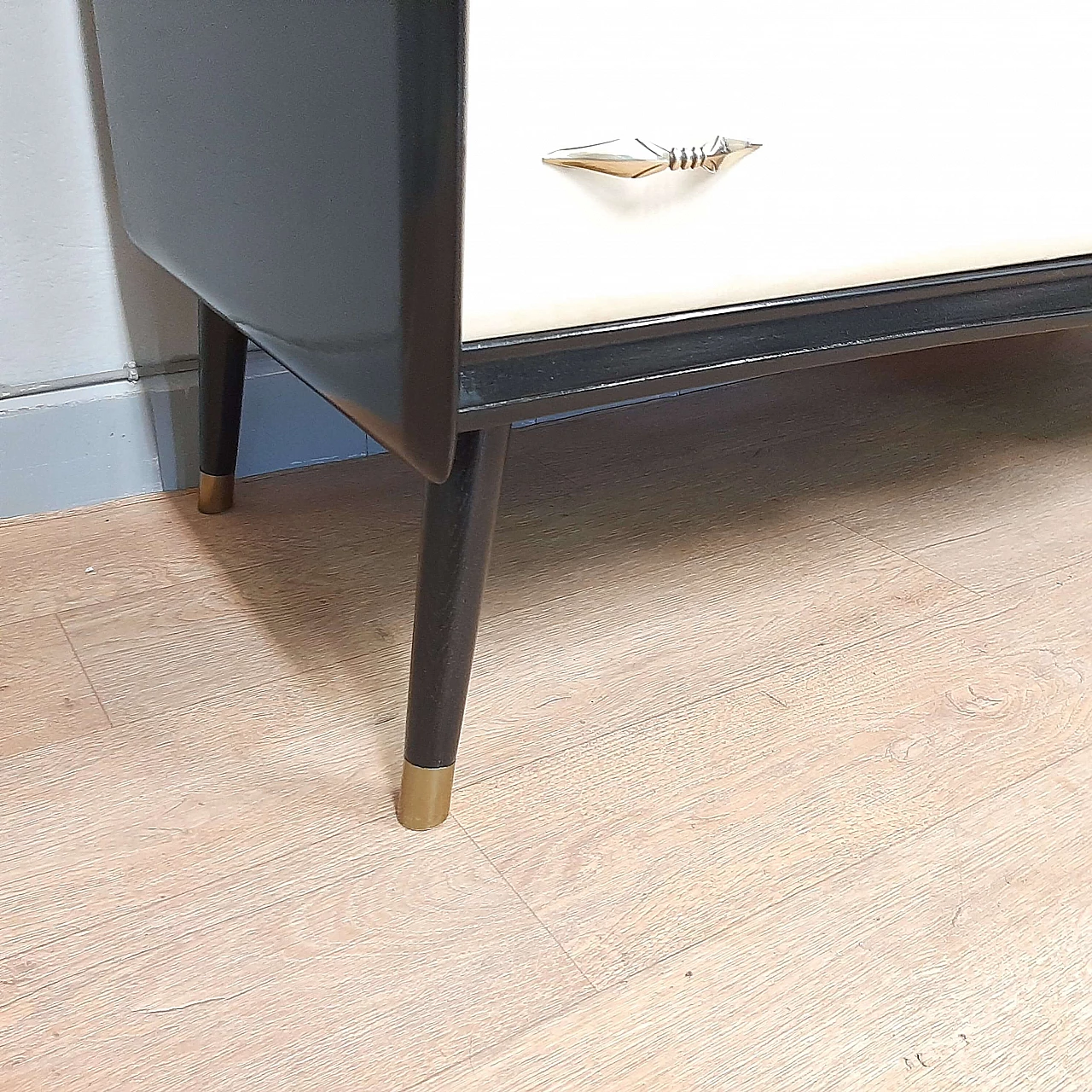 Black lacquered wood, parchment and marbled glass dresser, 1950s 9