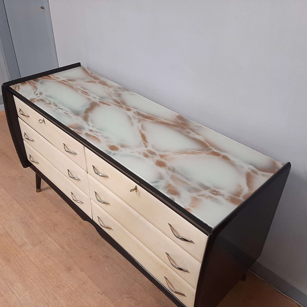 Black lacquered wood, parchment and marbled glass dresser, 1950s 11