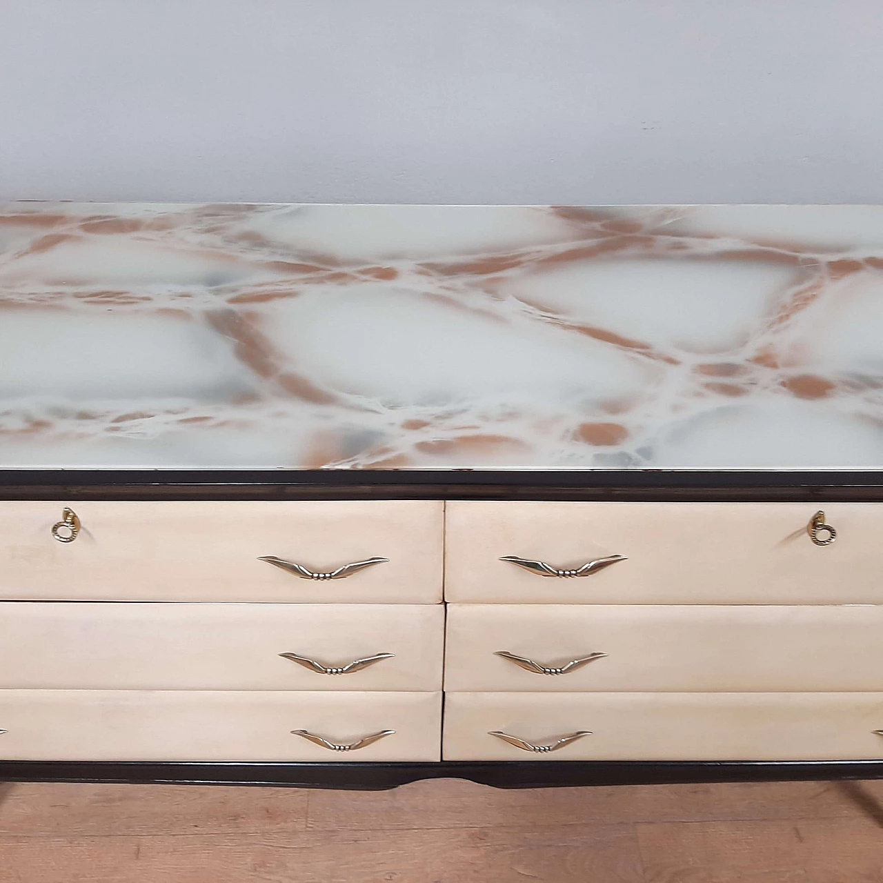 Black lacquered wood, parchment and marbled glass dresser, 1950s 12