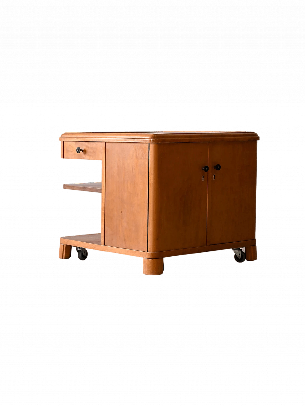 Deco birch cabinet with wheels, 1940s 14
