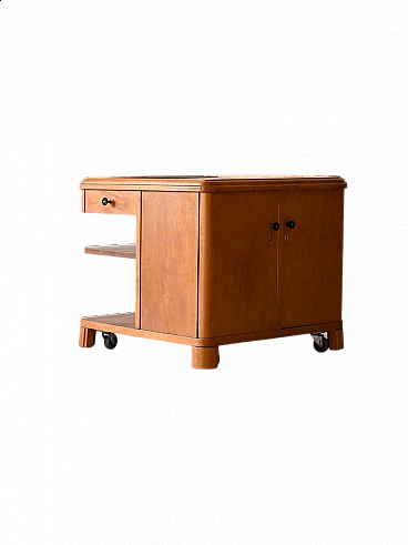Deco birch cabinet with wheels, 1940s