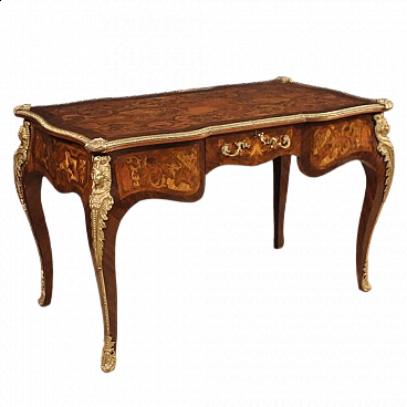 Louis XV style inlaid wood desk with bronze details, 1960s