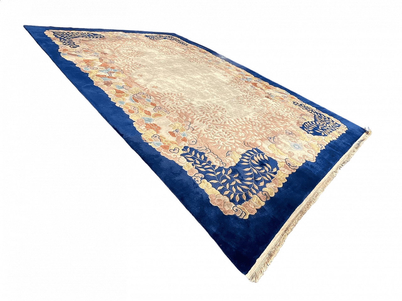 Tappeto cinese Art Déco floreale blu e avorio, anni '40 19