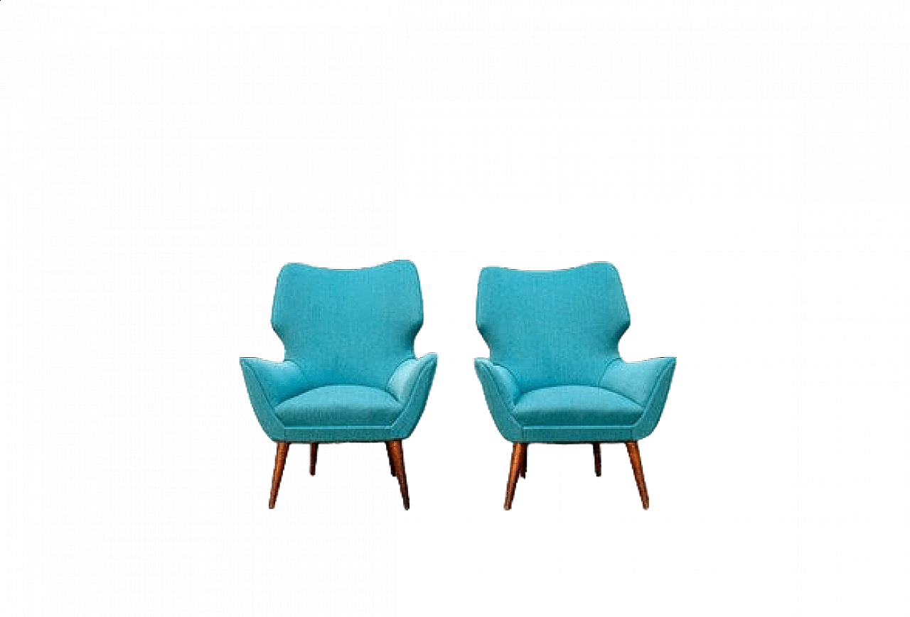 Pair of armchairs with wooden structure and padded seats, 1950s 10
