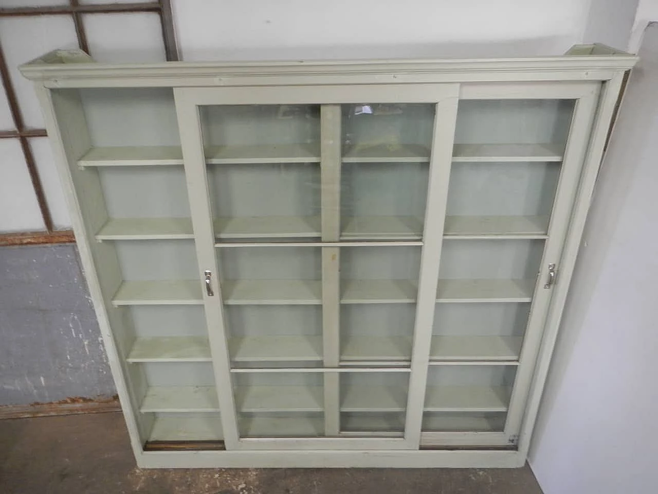 Green varnished spruce shop glass cabinet, 1950s 1