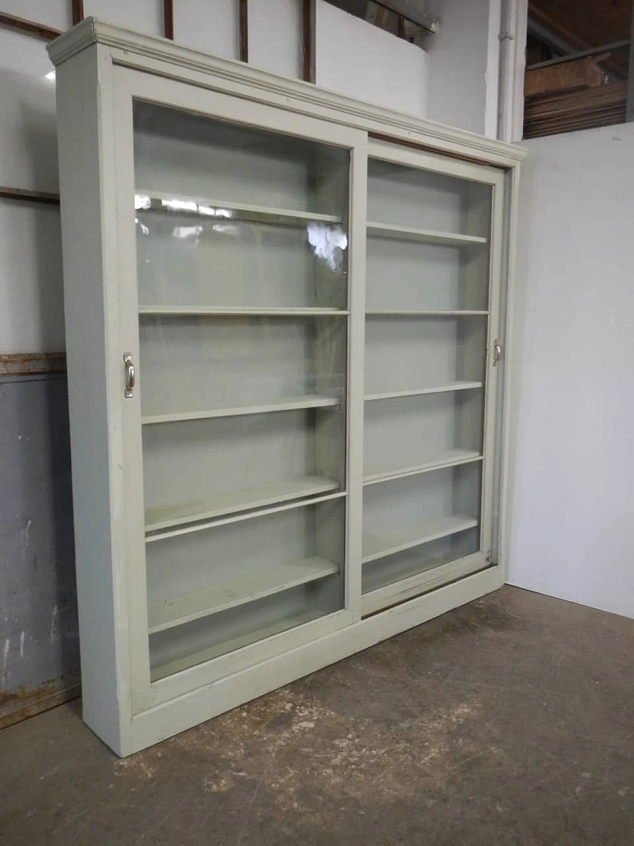 Green varnished spruce shop glass cabinet, 1950s 2