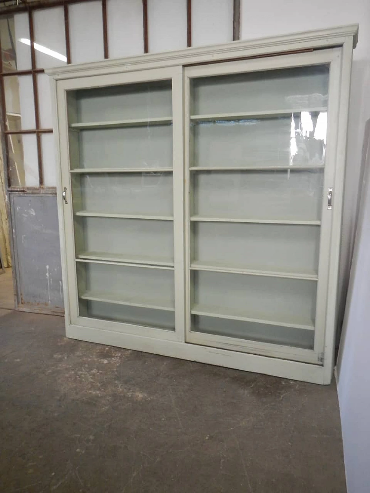 Green varnished spruce shop glass cabinet, 1950s 3