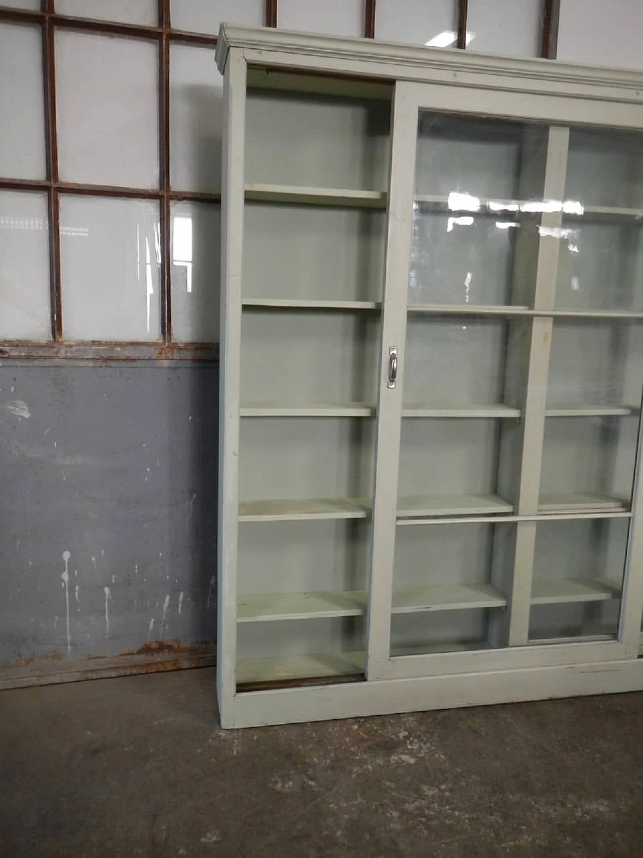 Green varnished spruce shop glass cabinet, 1950s 4