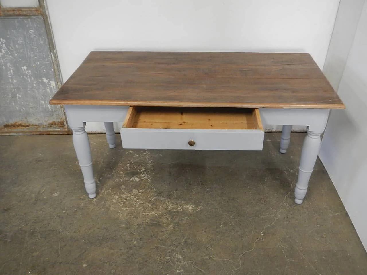 Grey varnished and natural chestnut table with drawer, 1950s 1
