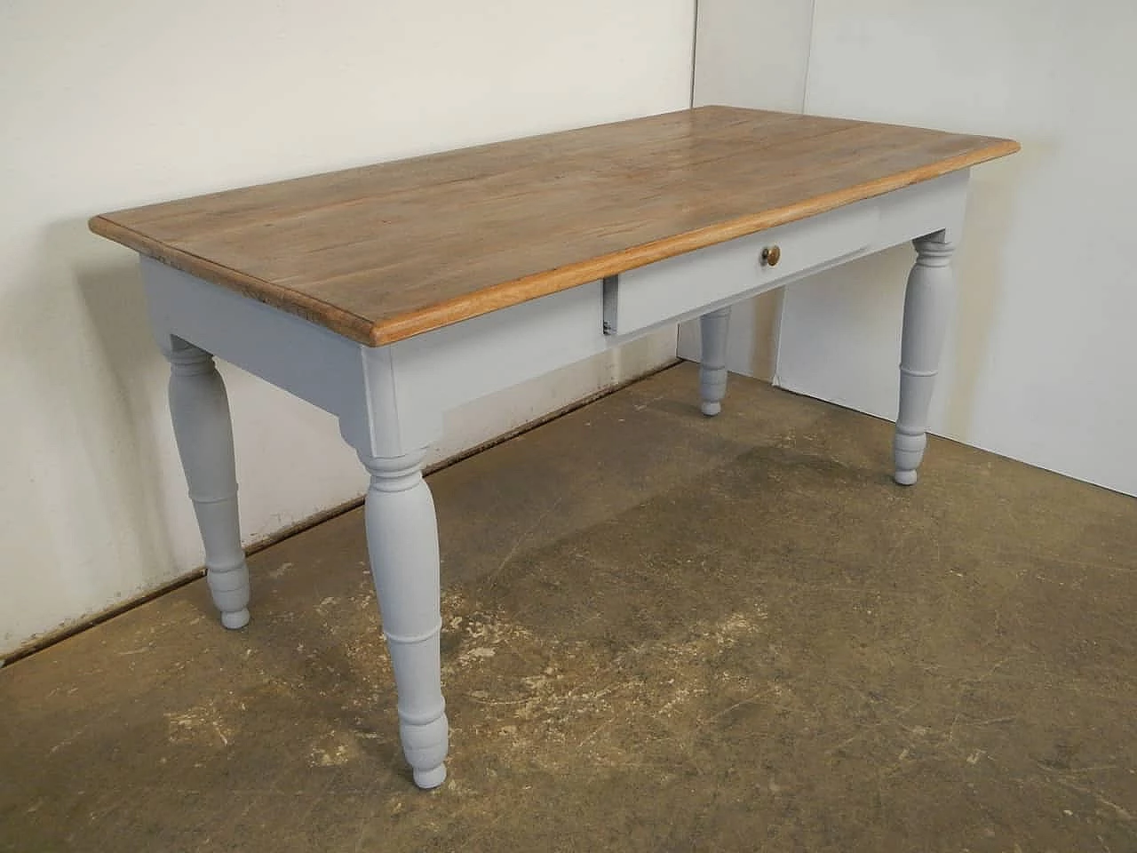 Grey varnished and natural chestnut table with drawer, 1950s 3