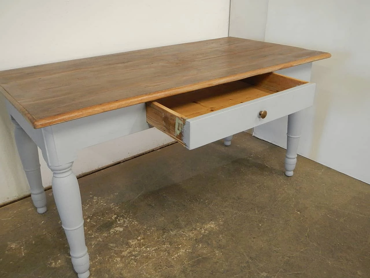 Grey varnished and natural chestnut table with drawer, 1950s 4