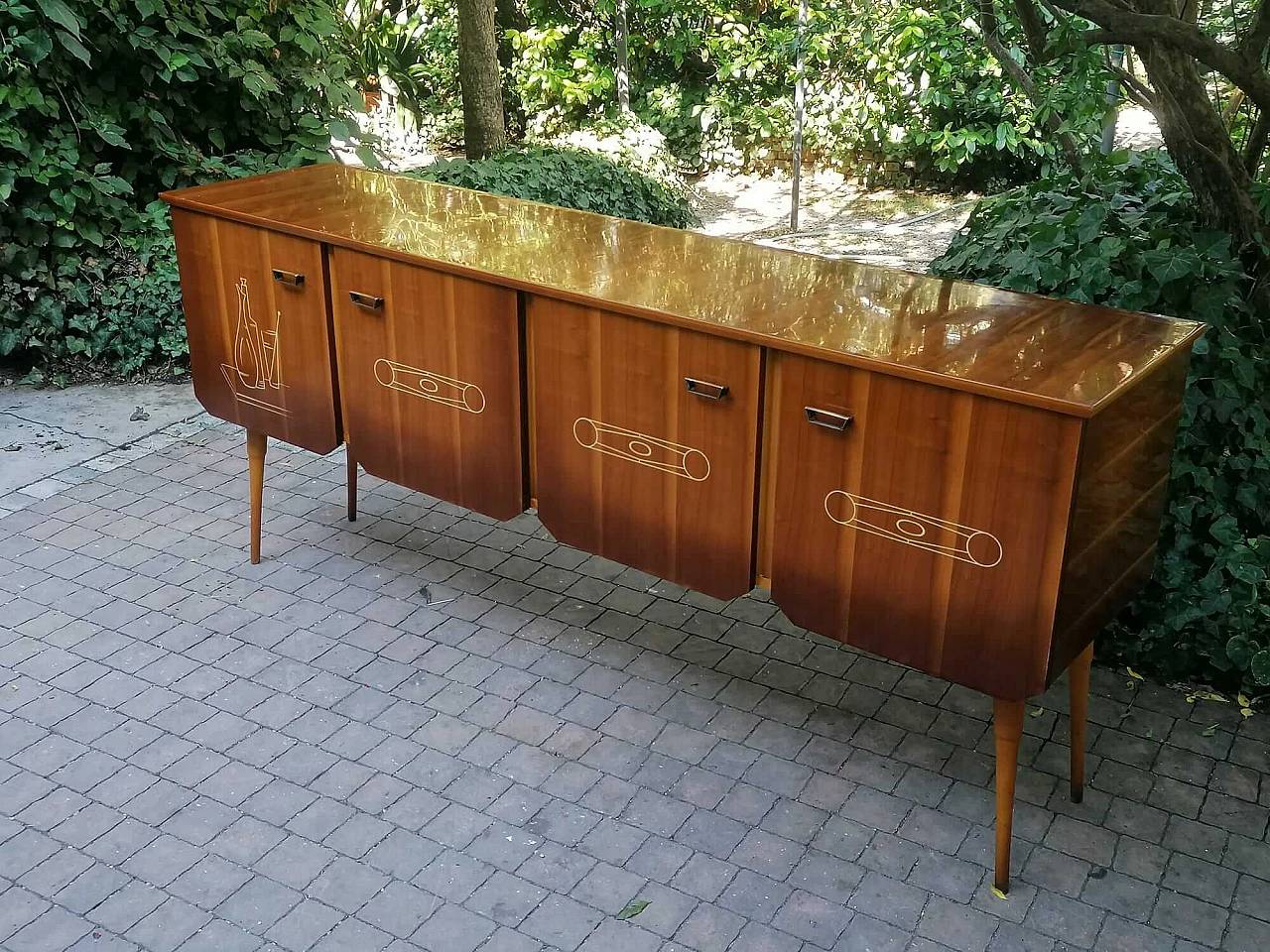 Credenza in legno con intarsi, anni '50 1