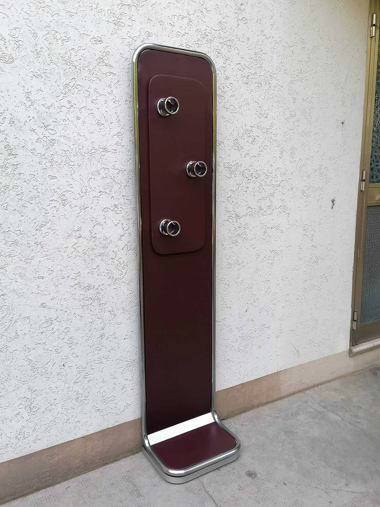 Space Age wood, leatherette and metal floor coat rack, 1970s 9