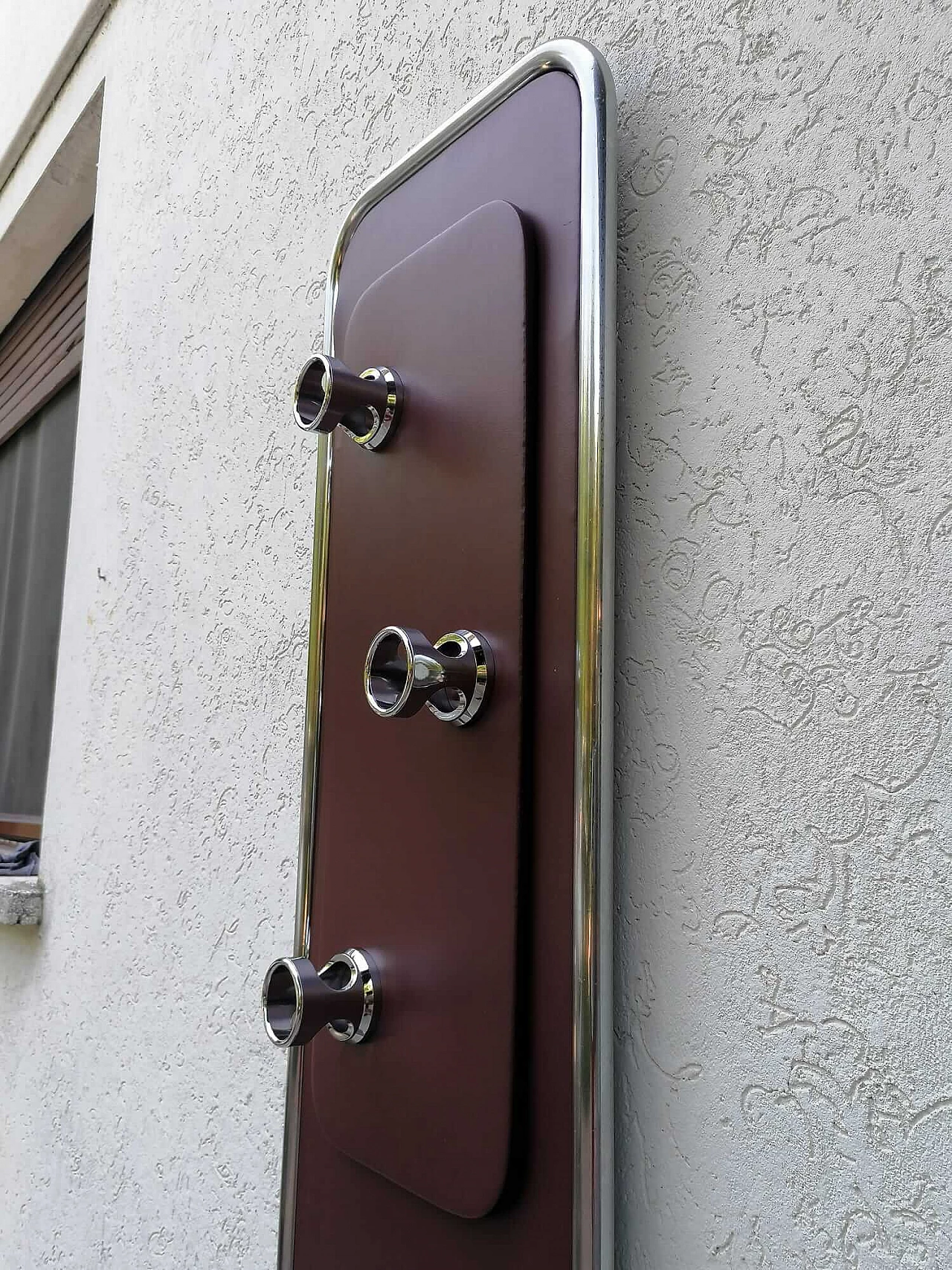 Space Age wood, leatherette and metal floor coat rack, 1970s 11