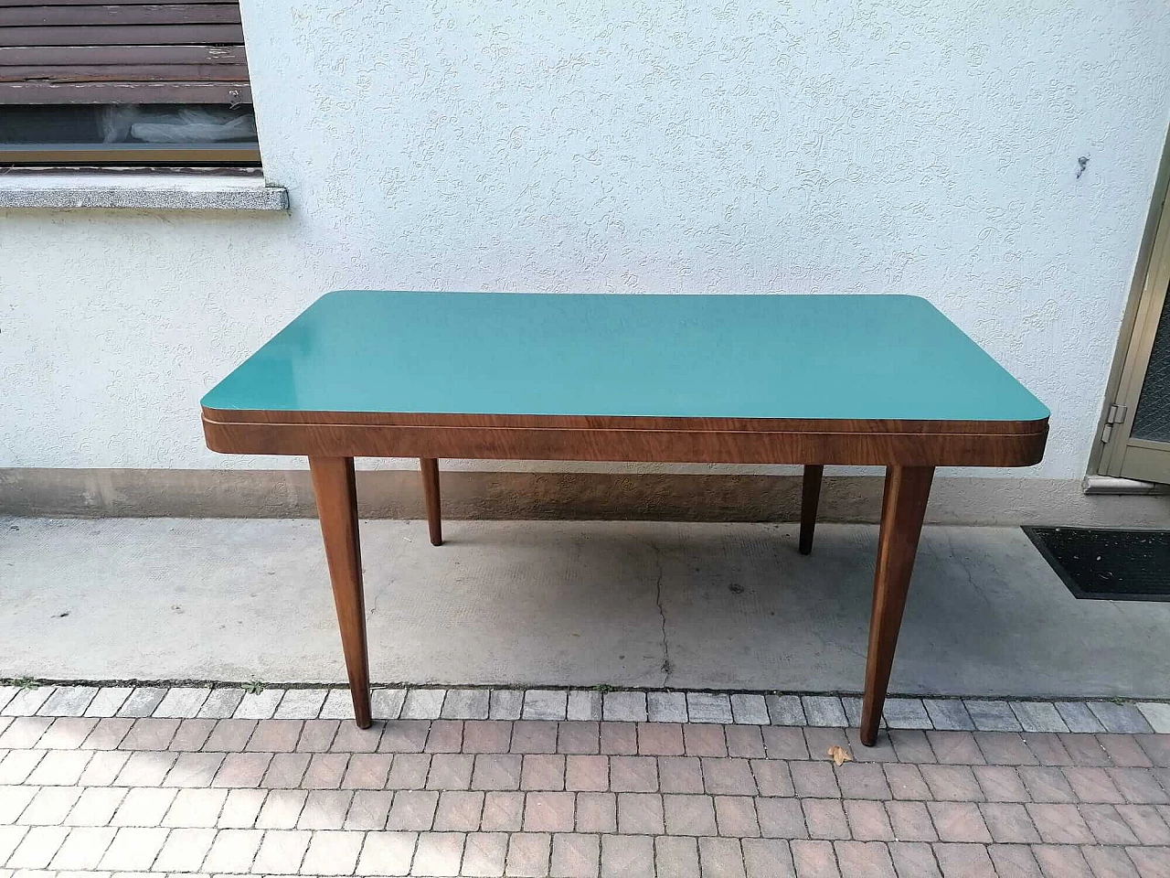 Wood table with blue formica top, 1940s 1