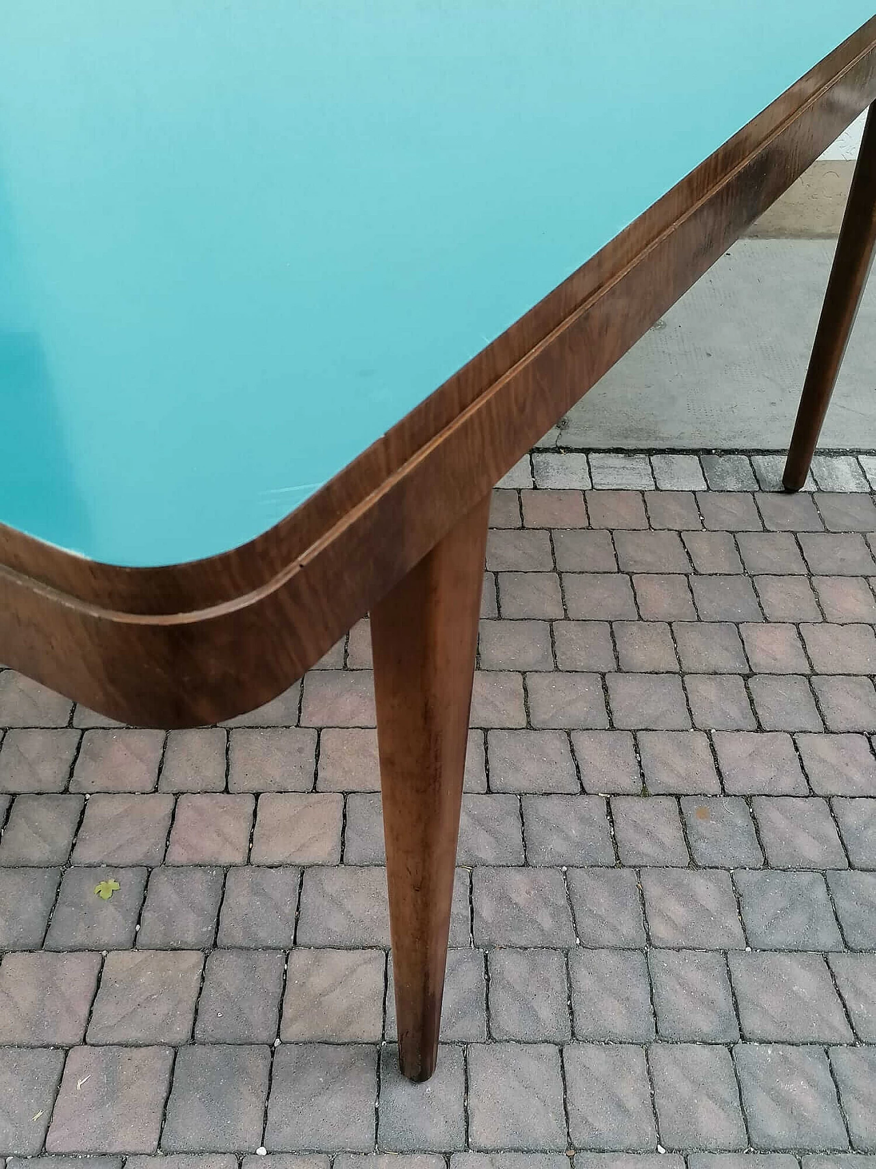 Tavolo in legno con piano in formica blu, anni '40 2