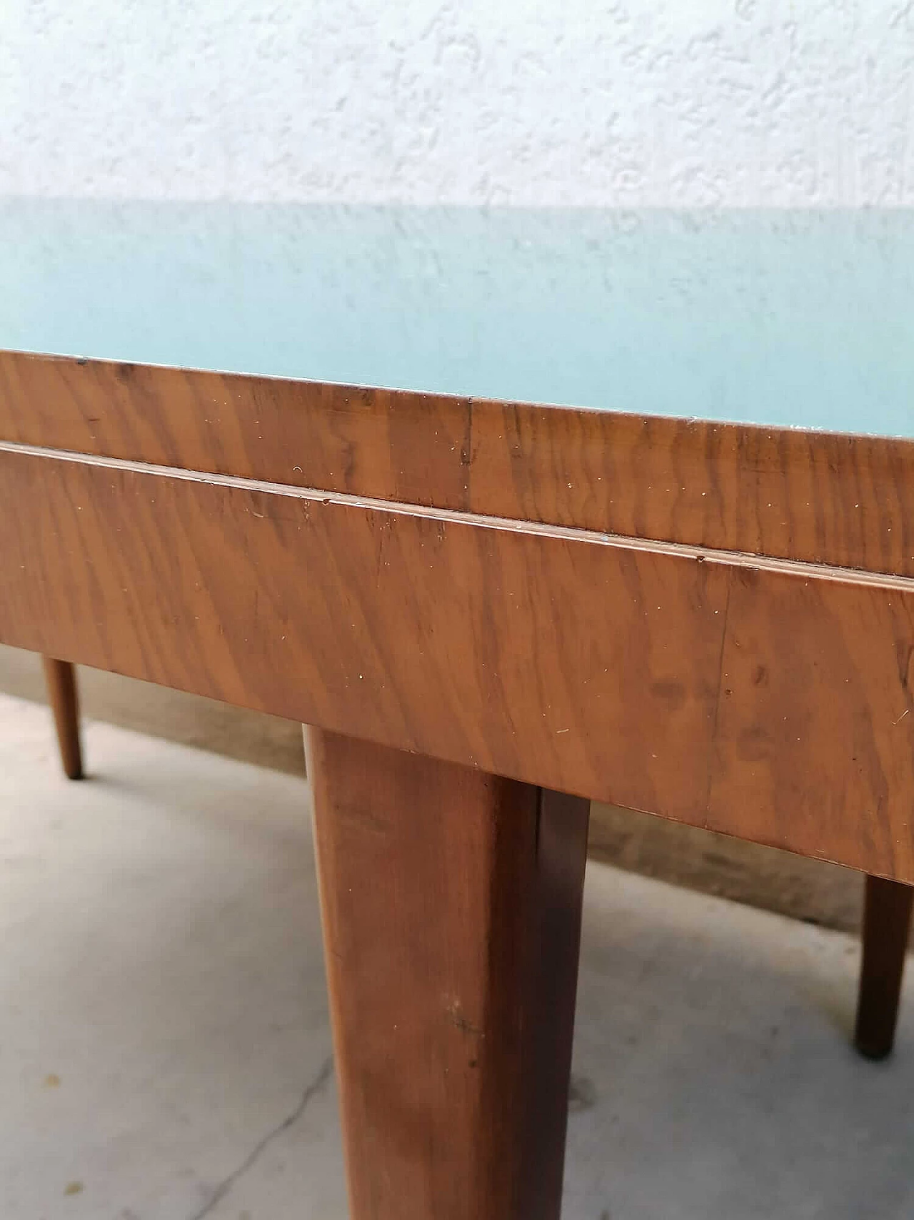 Wood table with blue formica top, 1940s 5
