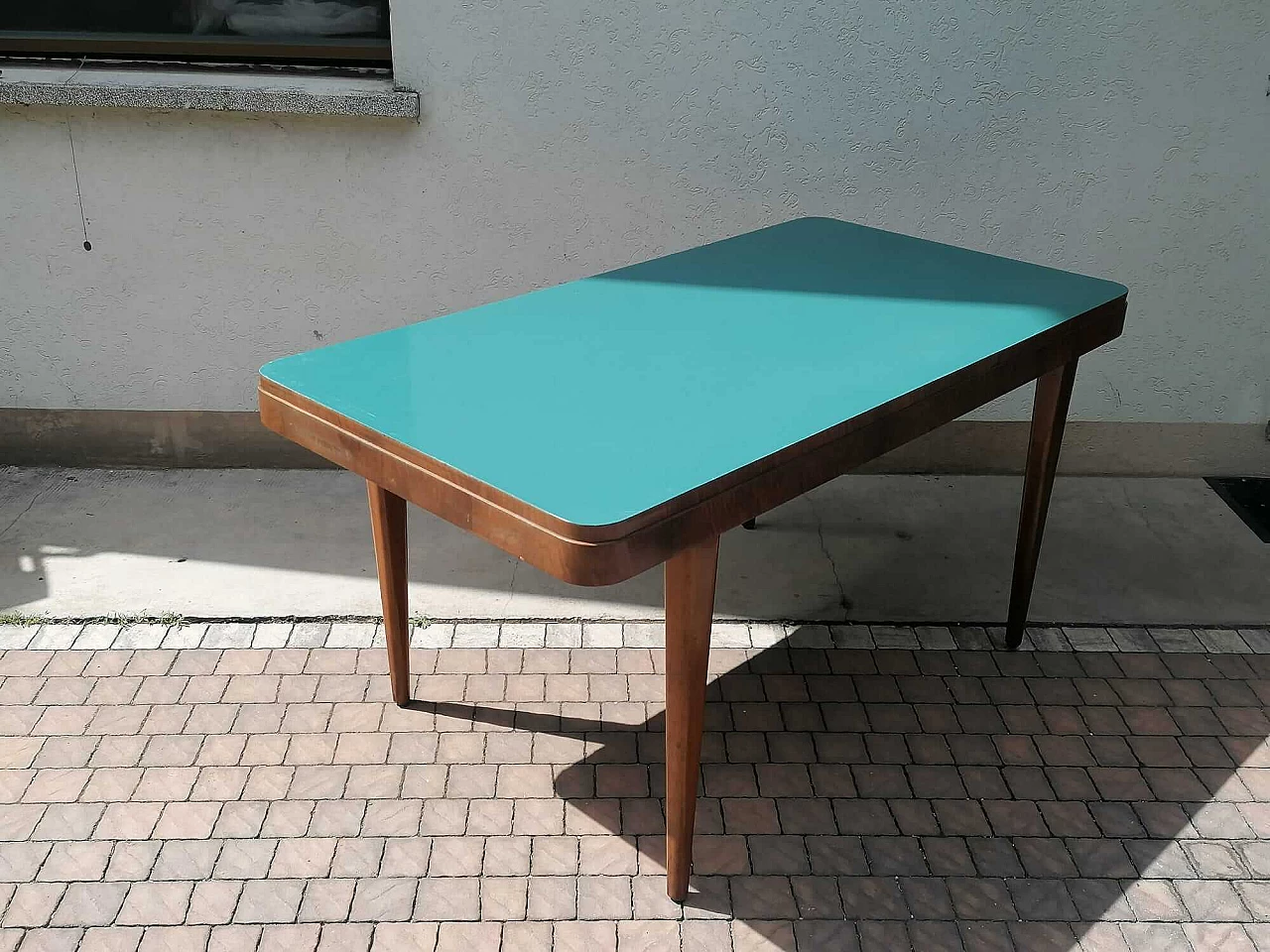 Wood table with blue formica top, 1940s 6