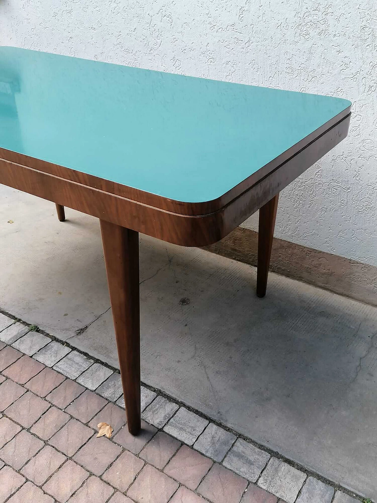 Wood table with blue formica top, 1940s 7