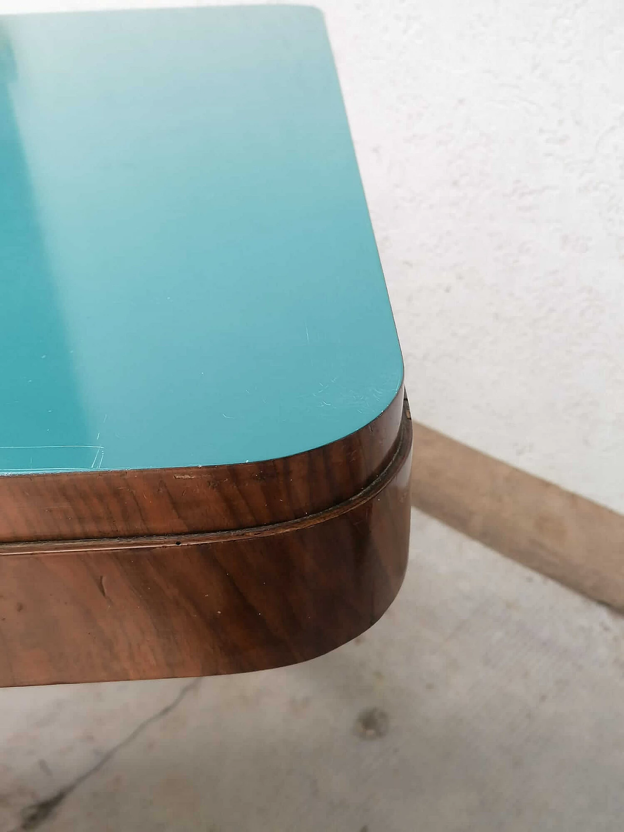 Wood table with blue formica top, 1940s 8