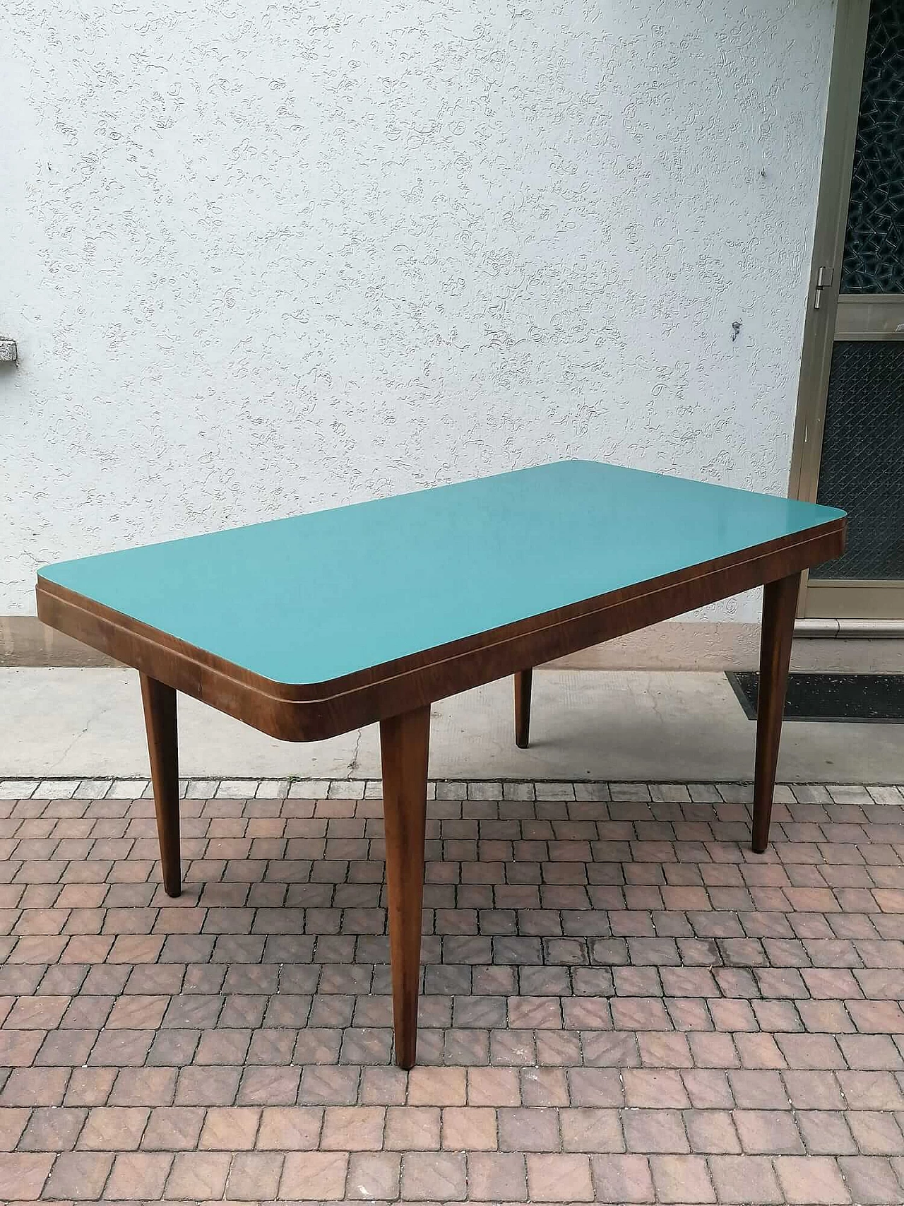 Wood table with blue formica top, 1940s 9