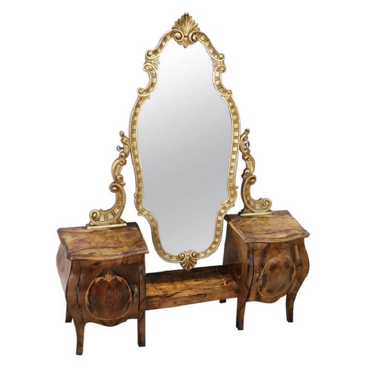 Venetian Louis XV style vanity table in gilded wood and walnut root with inlays 1