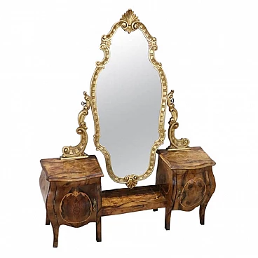 Venetian Louis XV style vanity table in gilded wood and walnut root with inlays