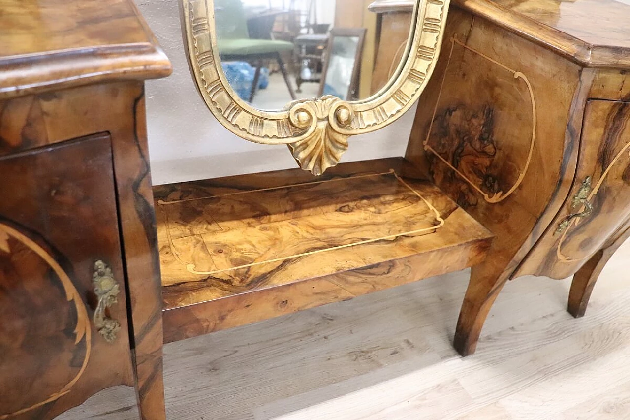 Venetian Louis XV style vanity table in gilded wood and walnut root with inlays 7