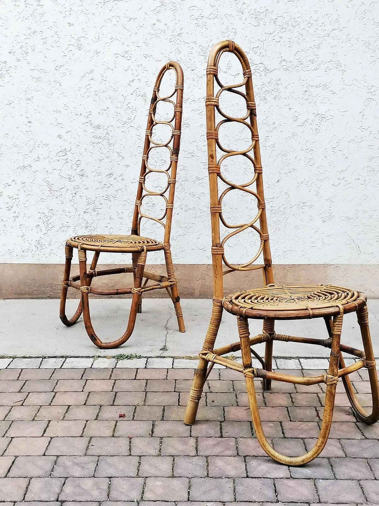 Coppia di sedie in bambù, malacca e giunco, anni '60 8