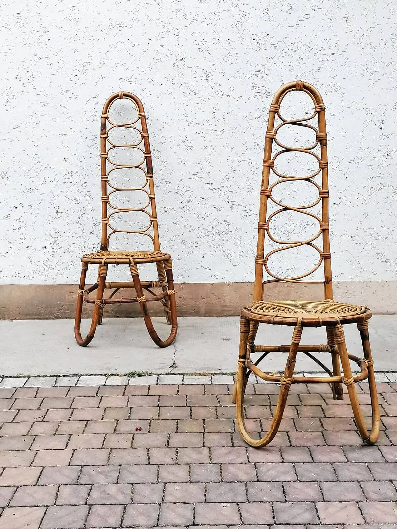 Coppia di sedie in bambù, malacca e giunco, anni '60 9