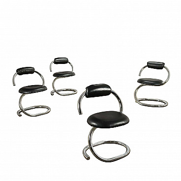 4 Cobra chairs in chrome-plated metal and leather by Giotto Stoppino, 1970s