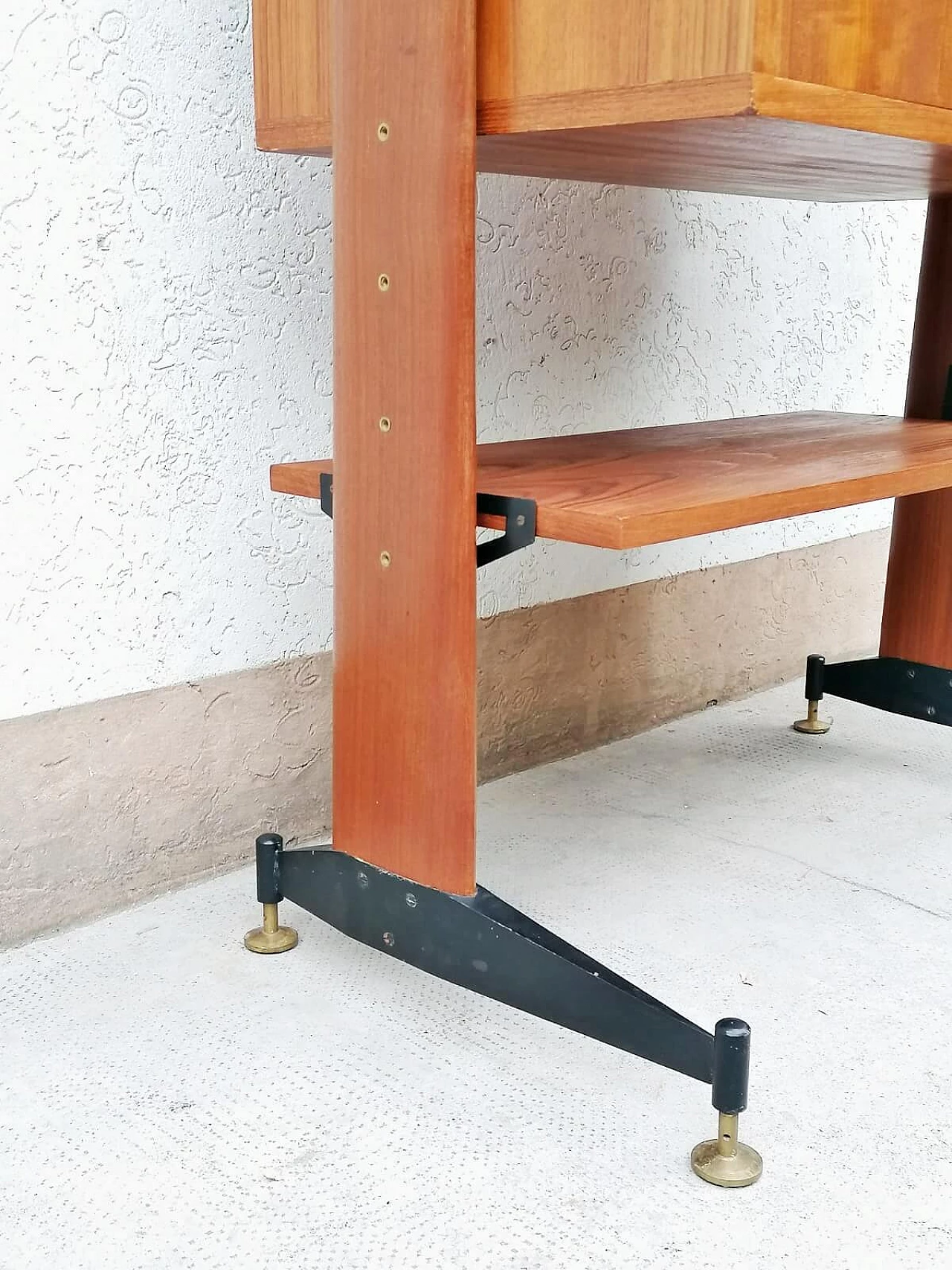 Teak, black varnished metal and brass bookcase, 1960s 2