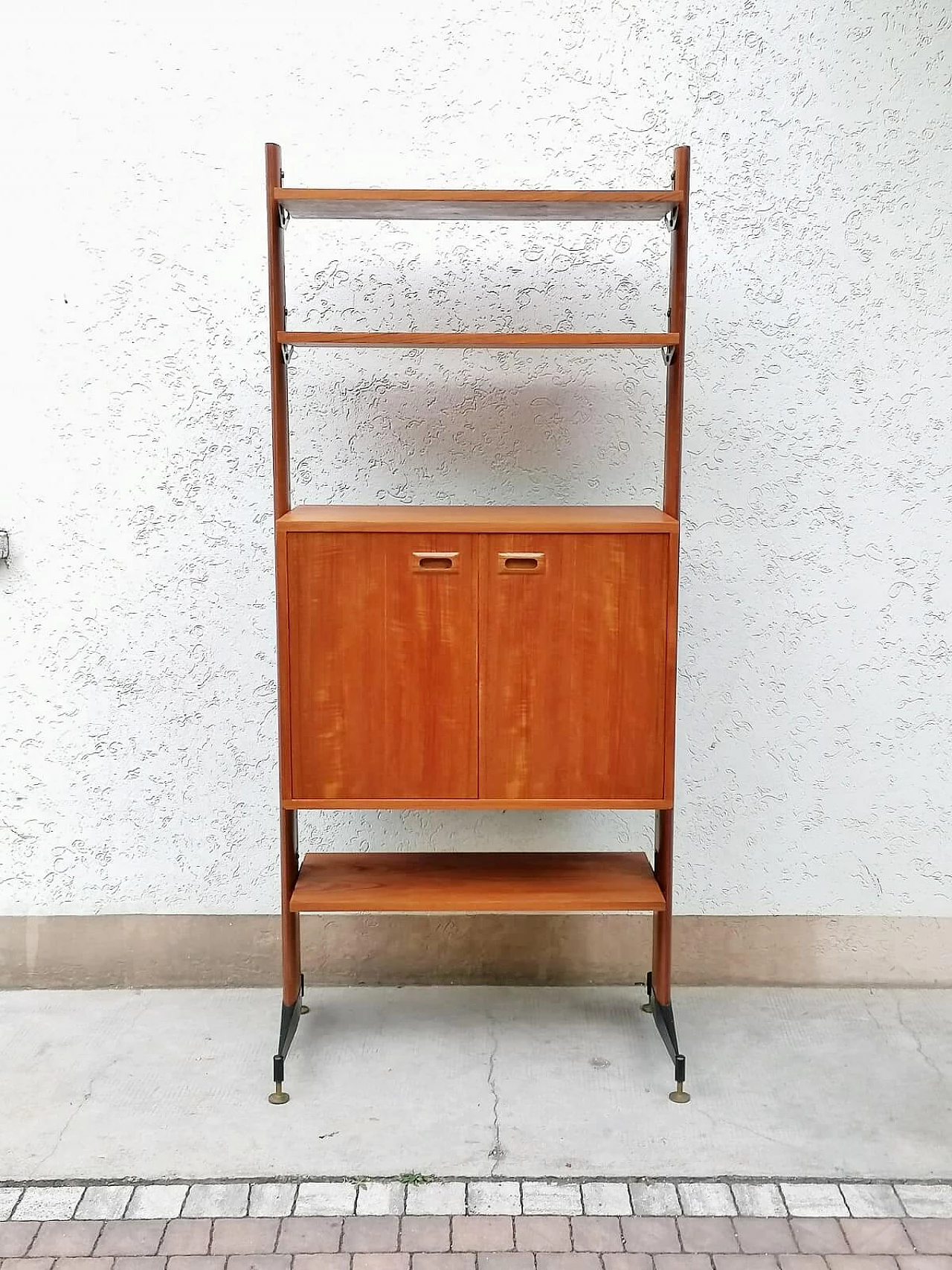 Teak, black varnished metal and brass bookcase, 1960s 3