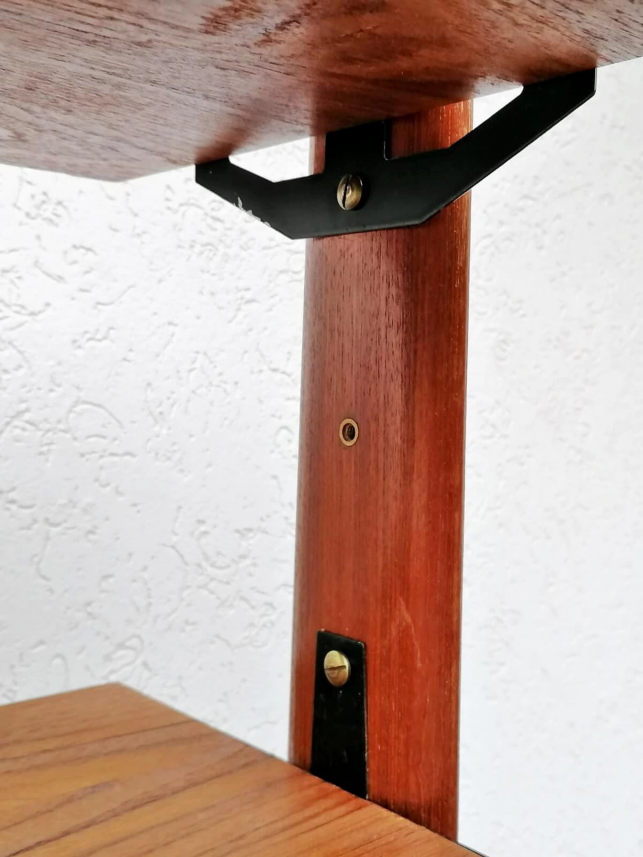 Teak, black varnished metal and brass bookcase, 1960s 10