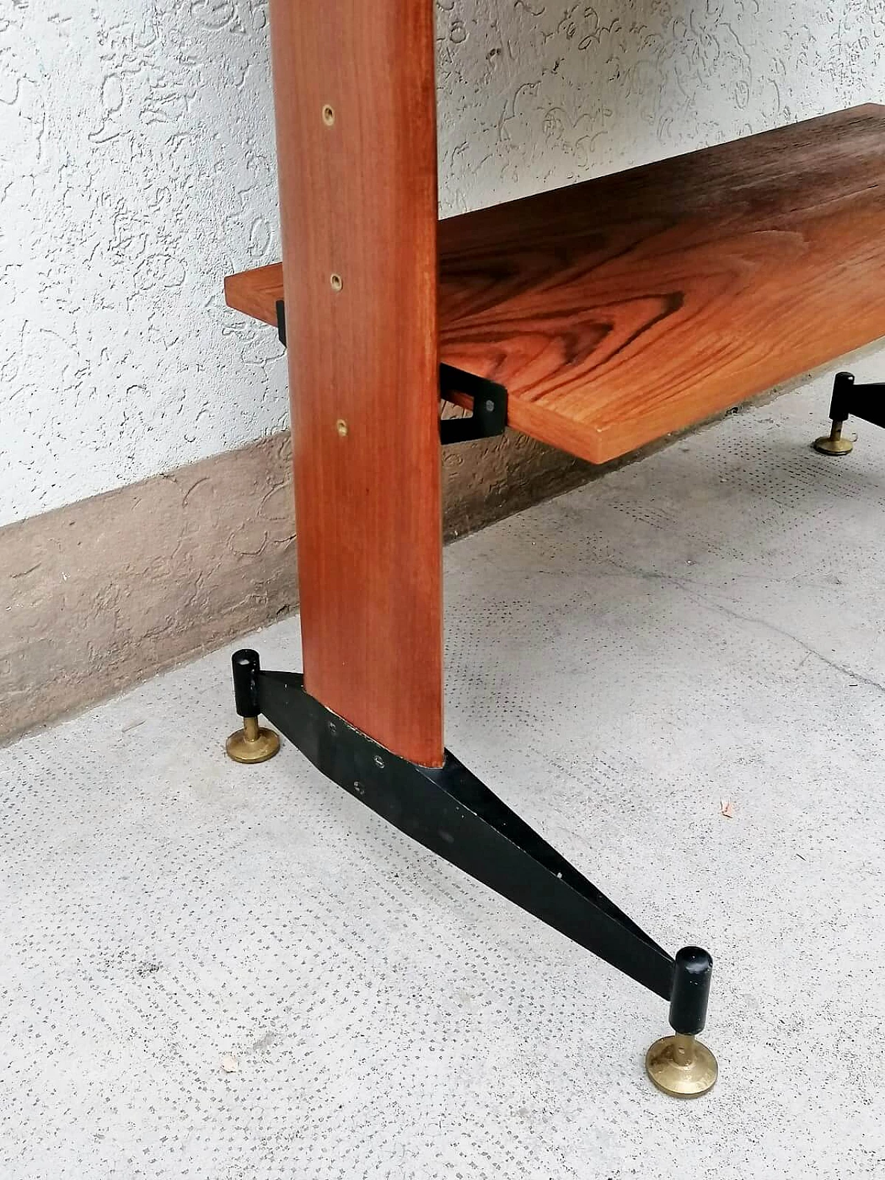 Teak, black varnished metal and brass bookcase, 1960s 11