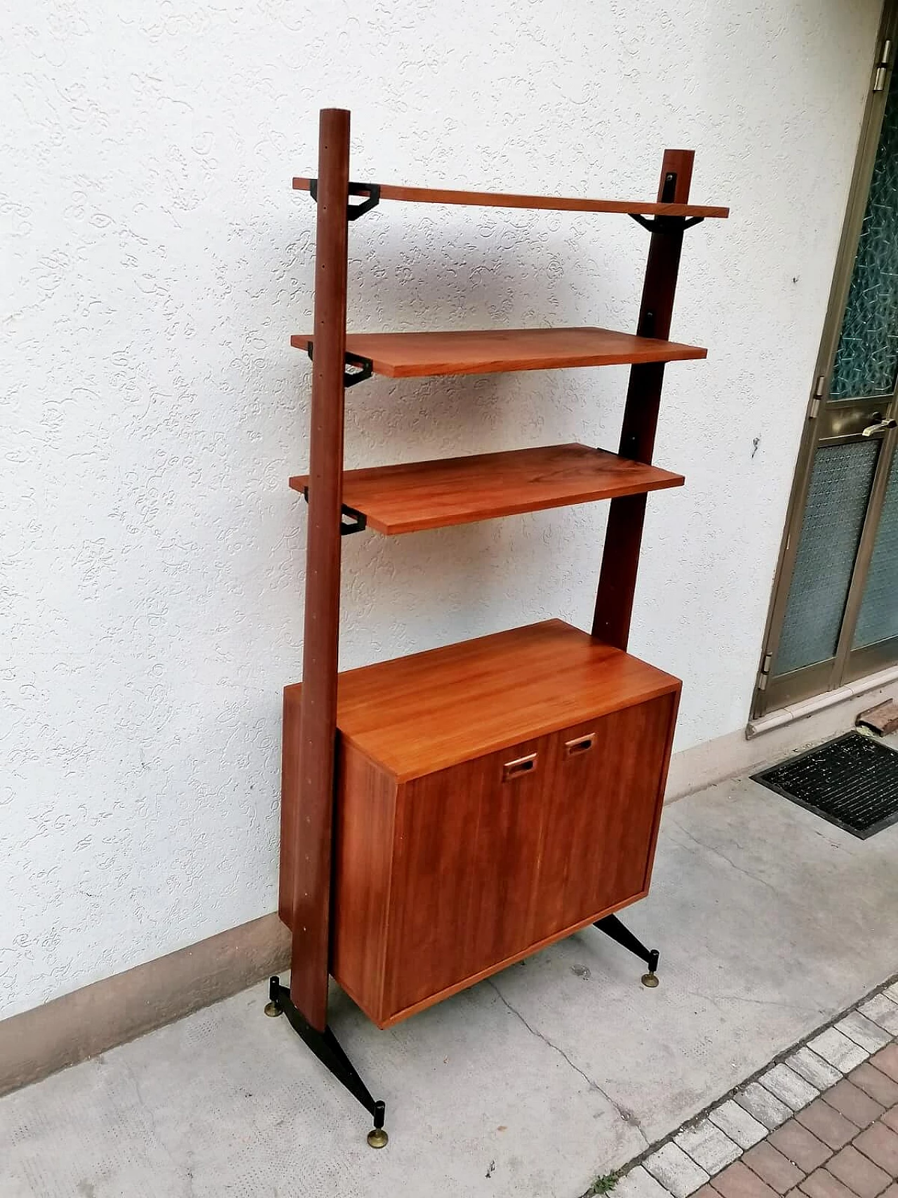 Teak, black varnished metal and brass bookcase, 1960s 14