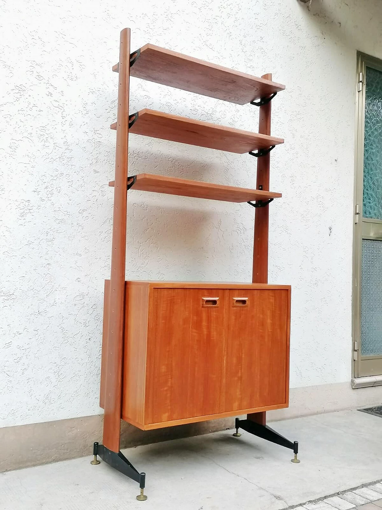 Teak, black varnished metal and brass bookcase, 1960s 16