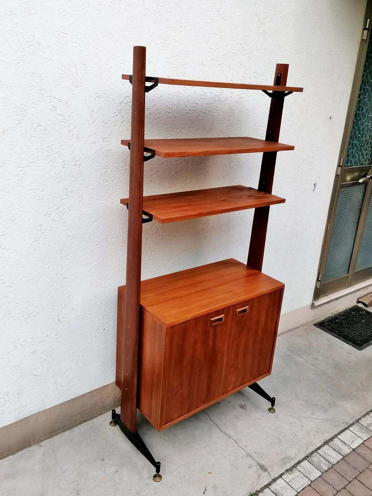 Teak, black varnished metal and brass bookcase, 1960s 17