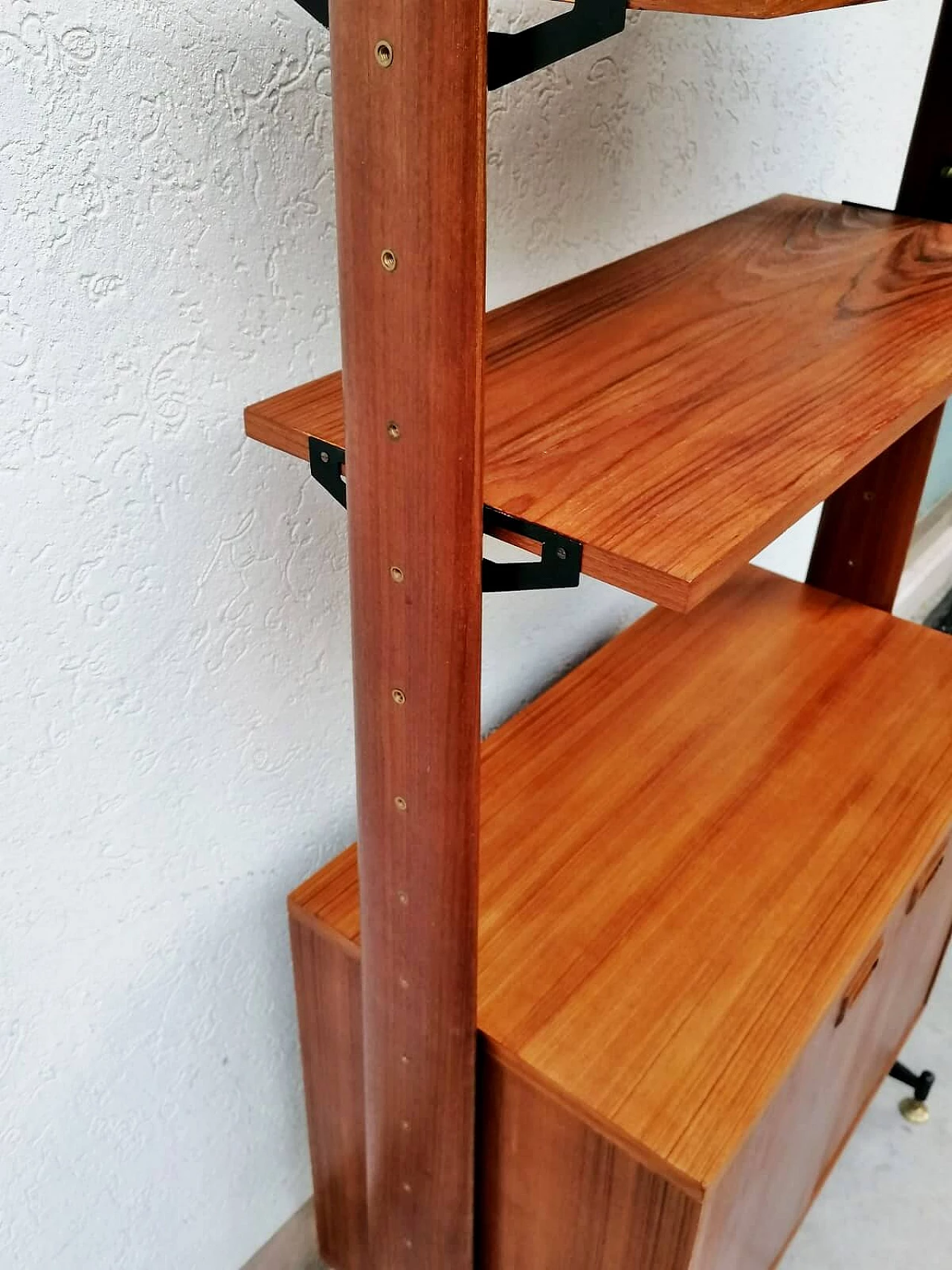 Teak, black varnished metal and brass bookcase, 1960s 18