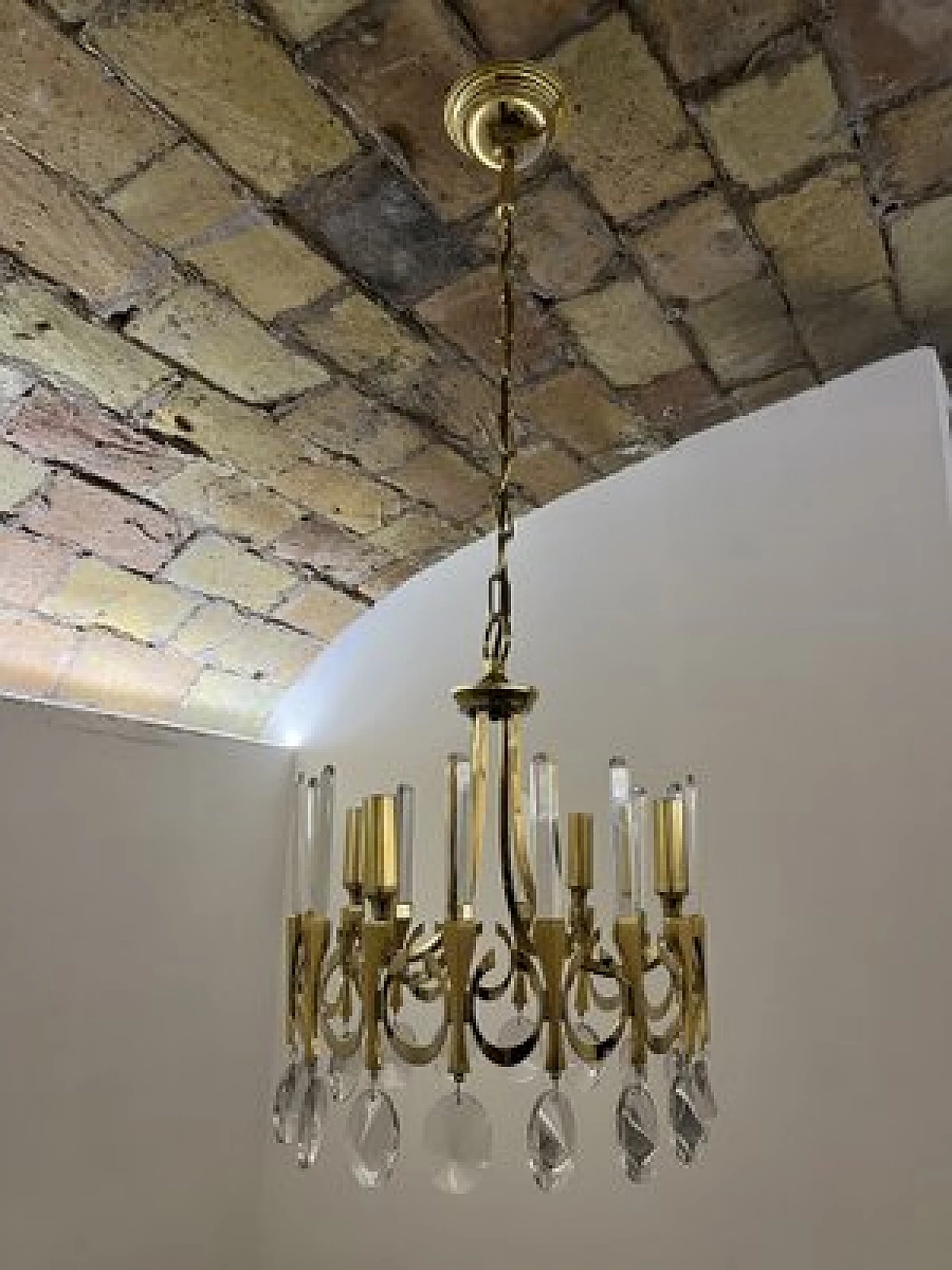 Lampadario in vetro, bronzo e ottone di Gaetano Sciolari, anni '70 1