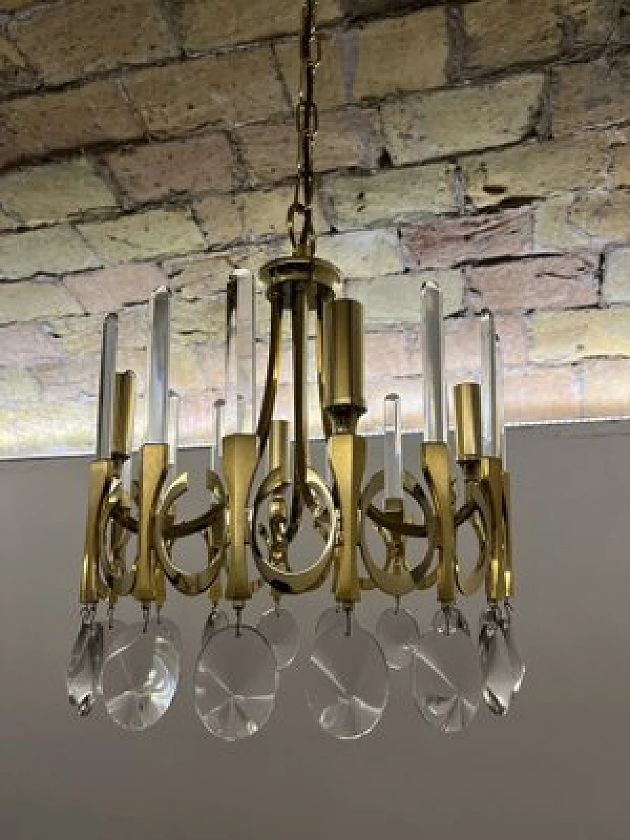 Glass, bronze and brass chandelier by Gaetano Sciolari, 1970s 2