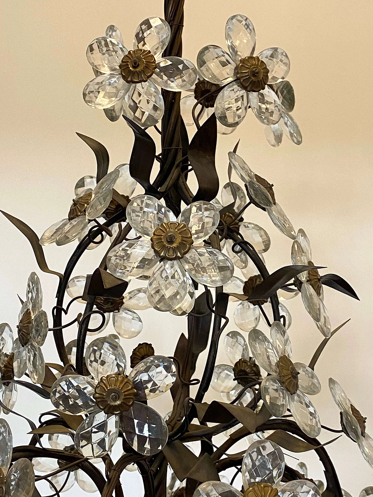 Metal, brass and burnished bronze chandelier with glass flowers, 1960s 1