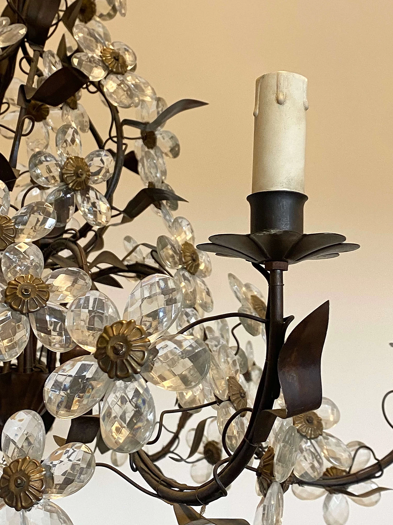 Metal, brass and burnished bronze chandelier with glass flowers, 1960s 2