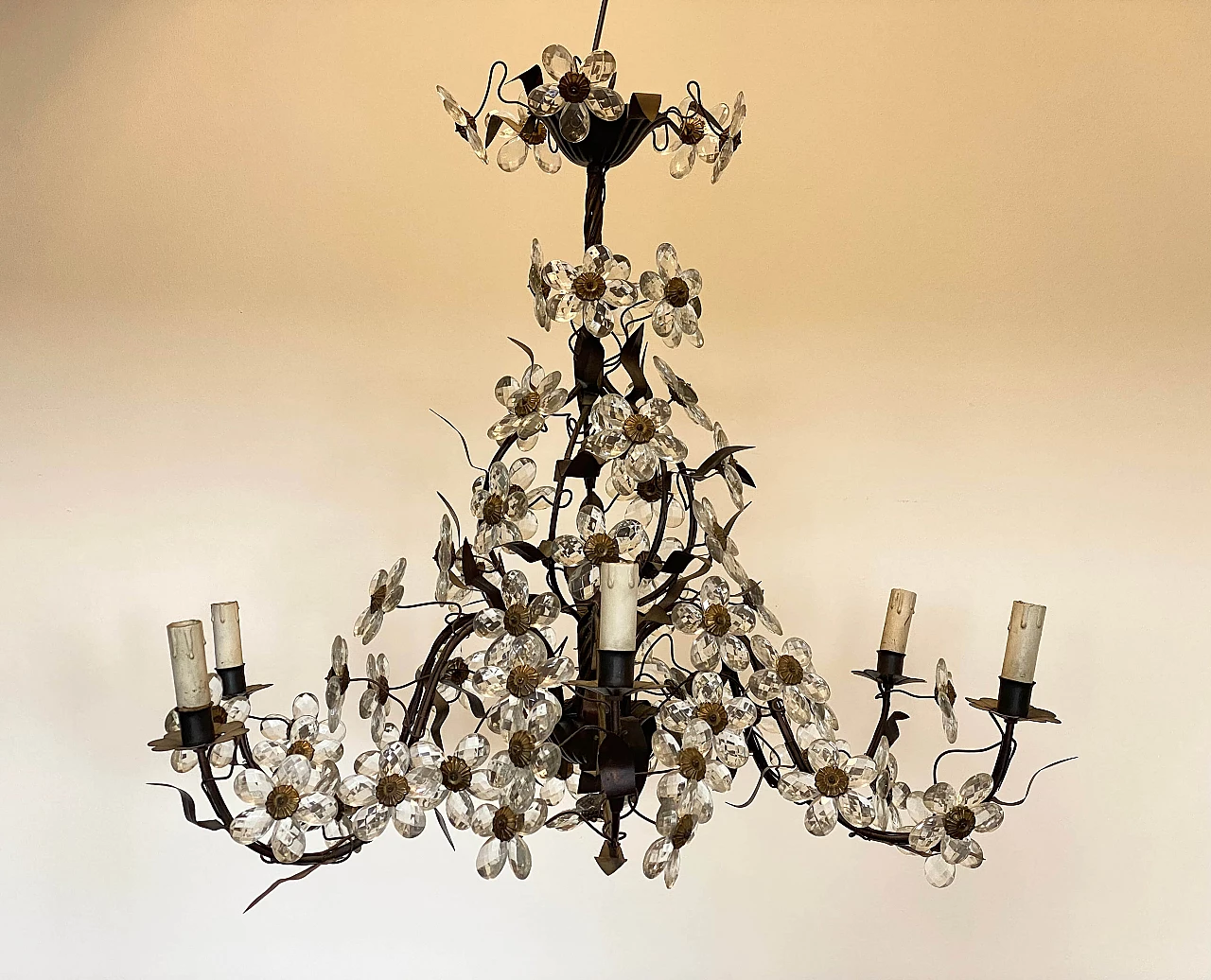 Metal, brass and burnished bronze chandelier with glass flowers, 1960s 3